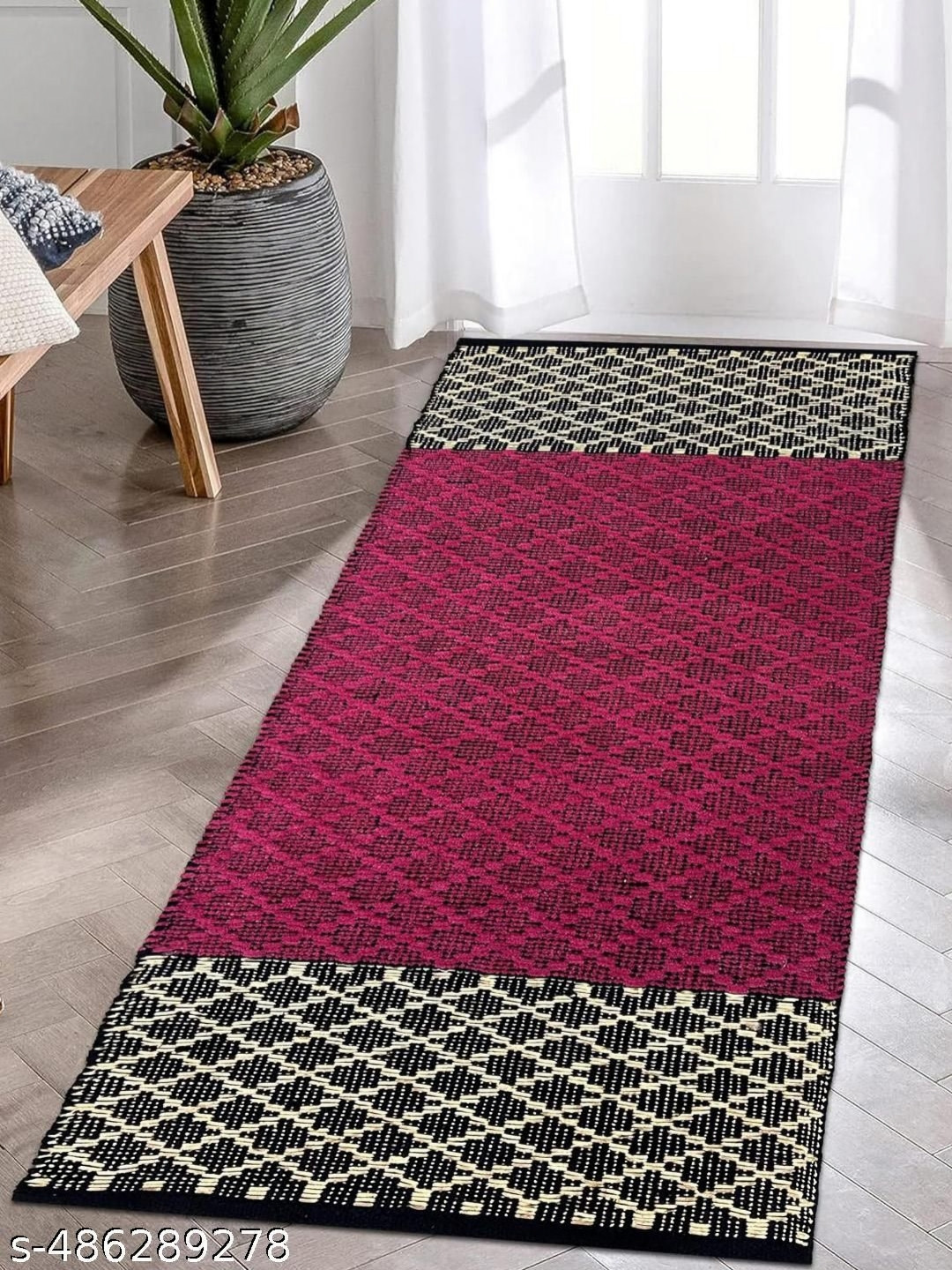 ANA Pink & Black Geometric Embroidery Non-Slip Cotton Floor Runners
