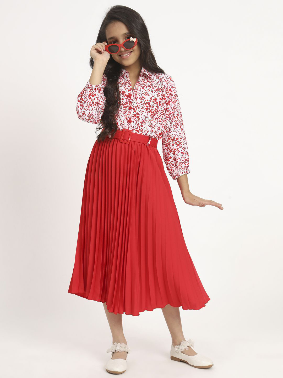 ZWERLON Girls Floral Micro Print Accordion Pleated Fit And Flared Midi Dress With Belt