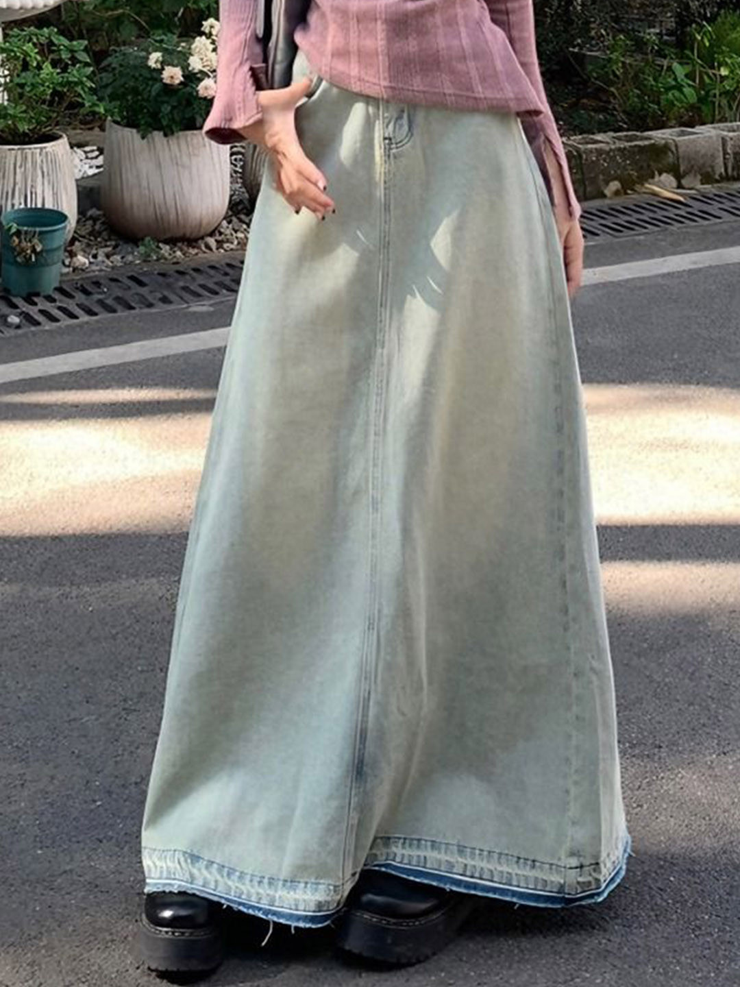 DressBerry Denim Solid A-Line Maxi Skirt