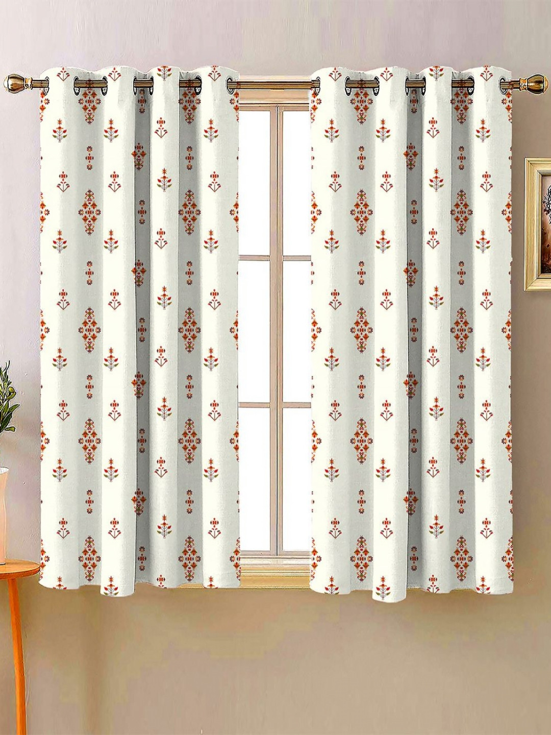 Steve & Anderson Indian Motifs White And Red 2 Peices Black Out Window Curtains (5 Feet)