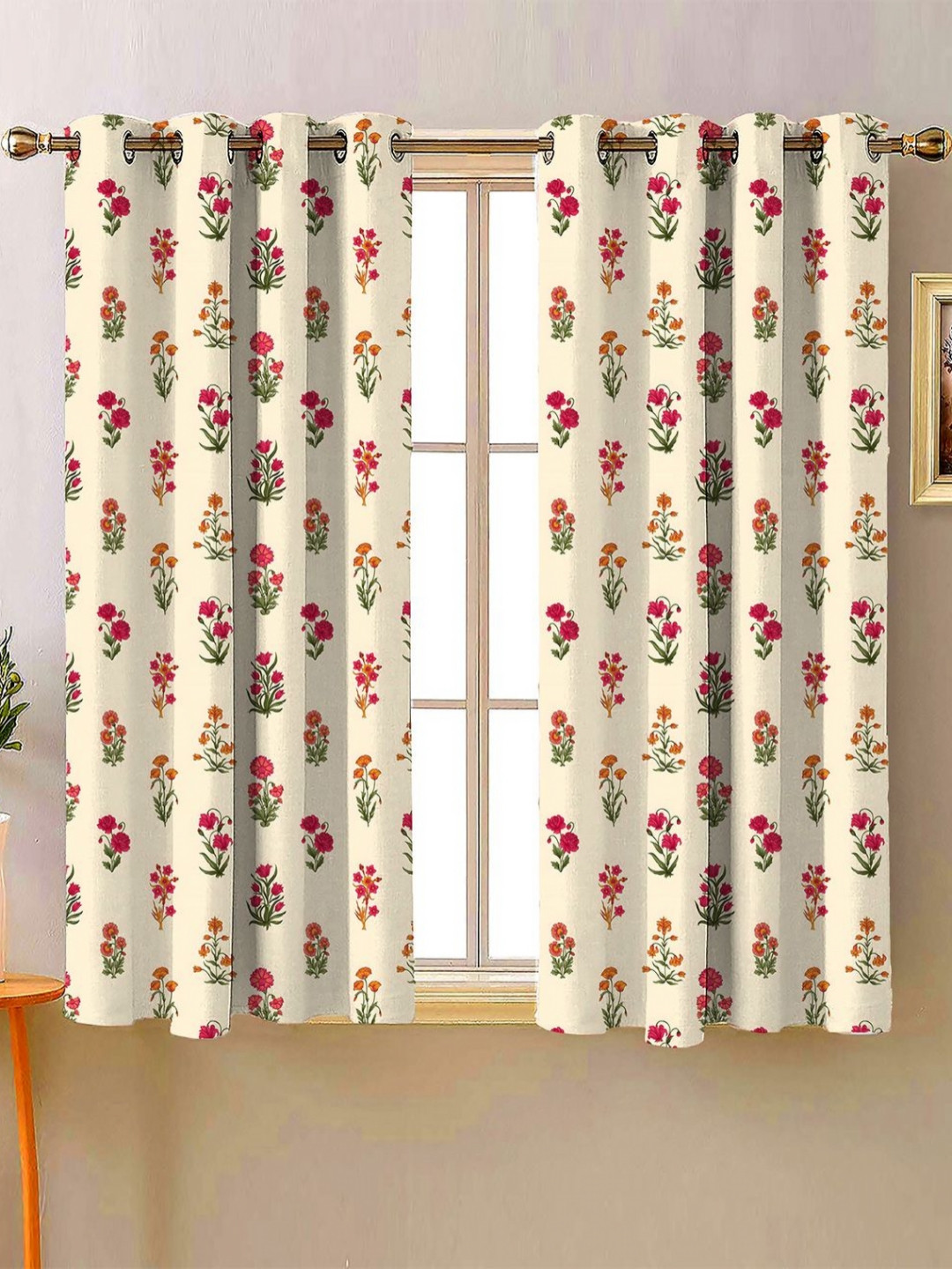 Steve & Anderson Bharat Motifs Off White And Red 2 Pieces Printed Window Curtain (5 Feet)
