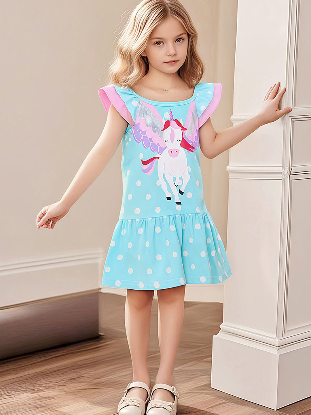 LULU & SKY Girls Blue Graphic Polka Dot Print Flutter Sleeve Drop-Waist Dress