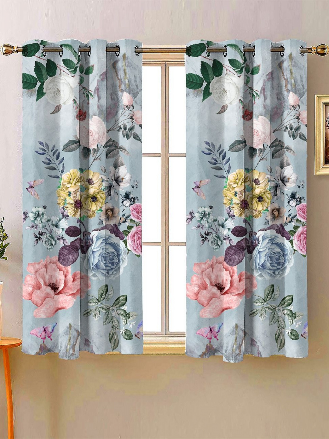 Steve & Anderson Bliss Blue And Pink 2 Peices Printed Window Curtains (5 Feet)