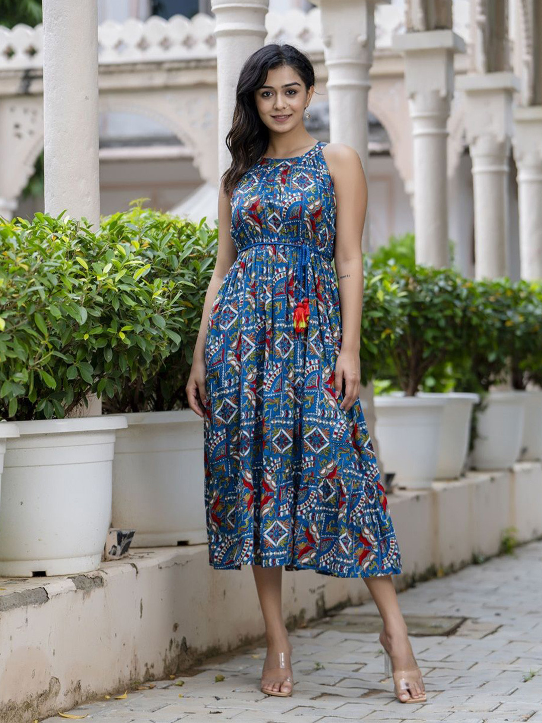 Jollity Women Ethnic Motifs Print Round Neck Fit & Flare Sleeveless Tie-Ups Midi Dress