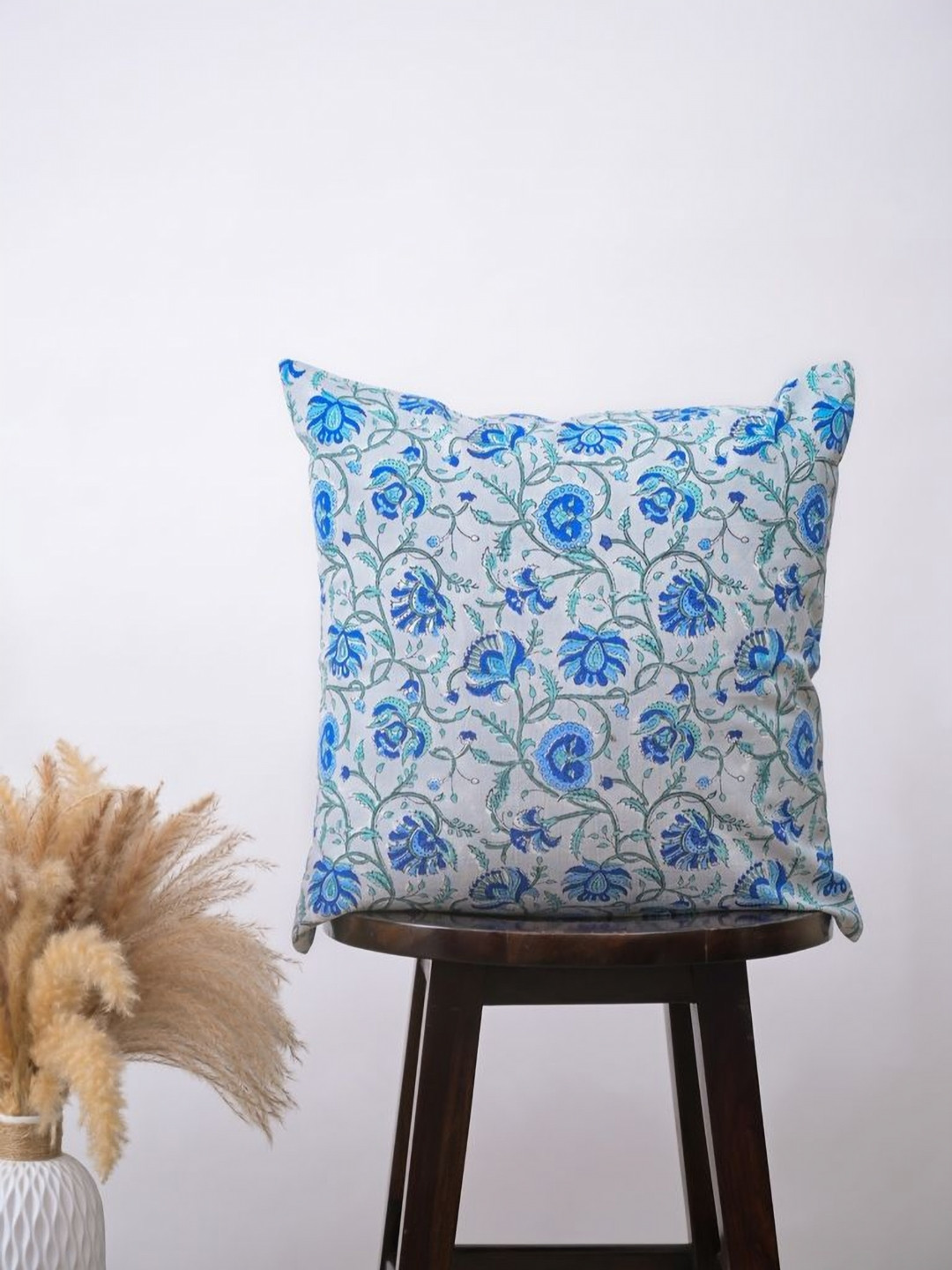 Block N Style Epaphus White & Blue Floral Printed Cotton Square Cushion Cover