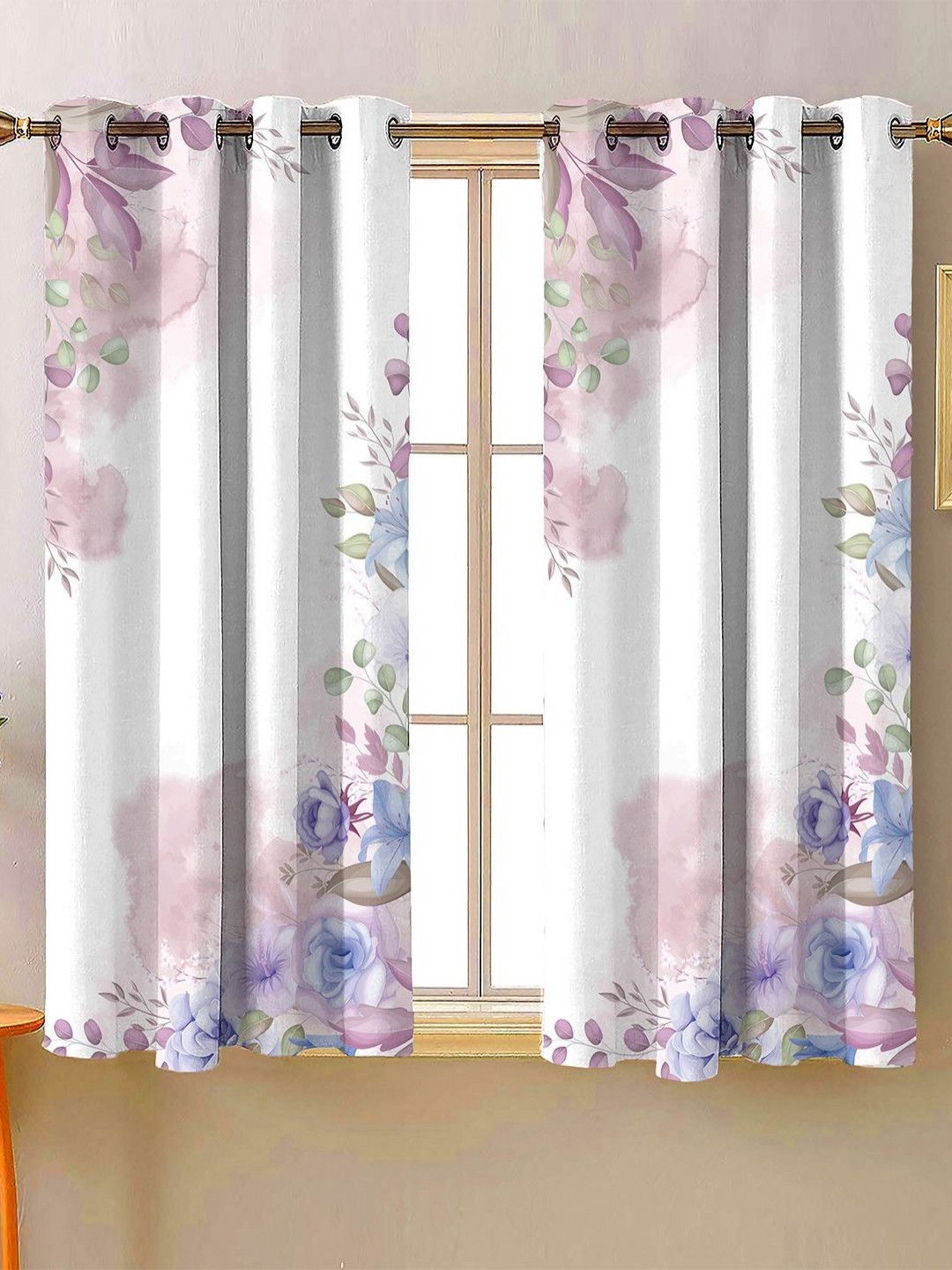 Steve & Anderson Ozzon White And Purple 2 Peices Floral Printed Window Curtains (5 Feet)