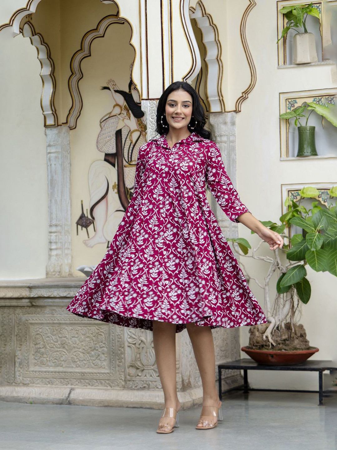 Demirner Floral Printed Shirt Collar A-Line Dress