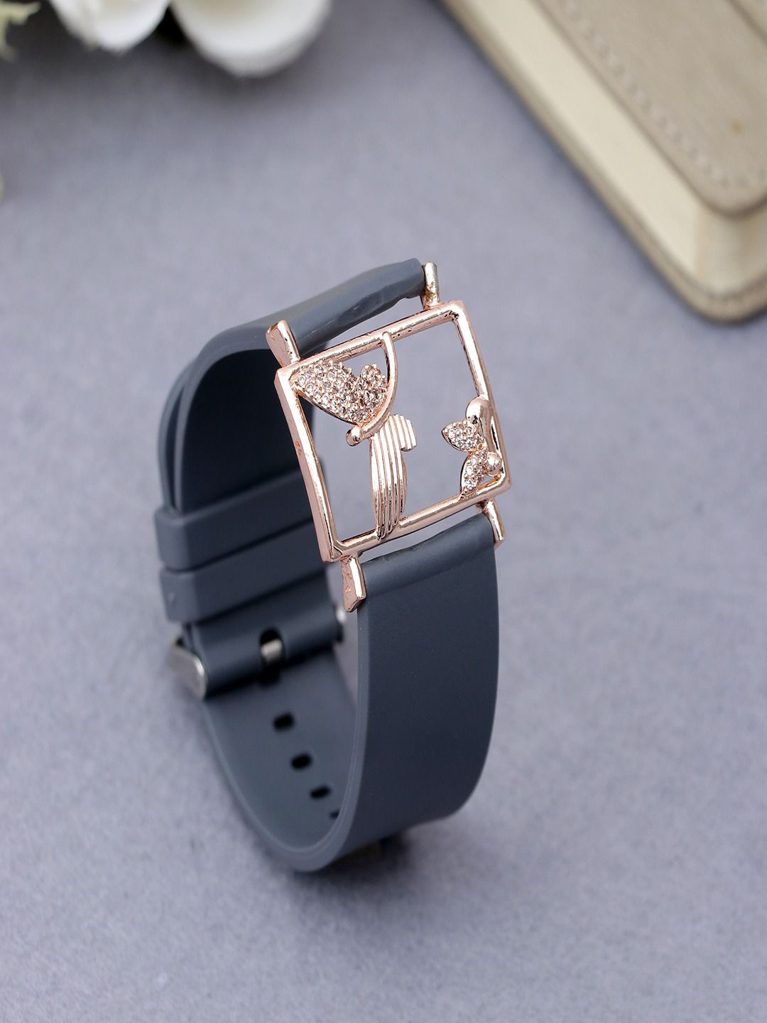 DressBerry Rose Gold-Plated American Diamond Studded Leather Wraparound Bracelet