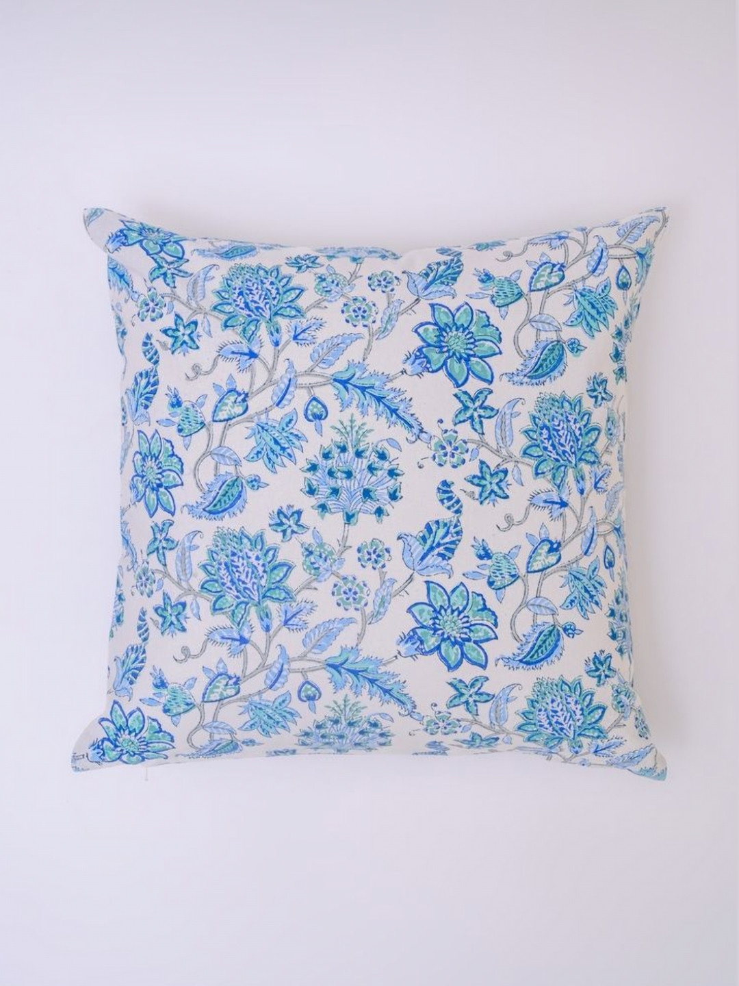 Block N Style Cadmus White & Blue Floral Printed Cotton Square Cushion Cover