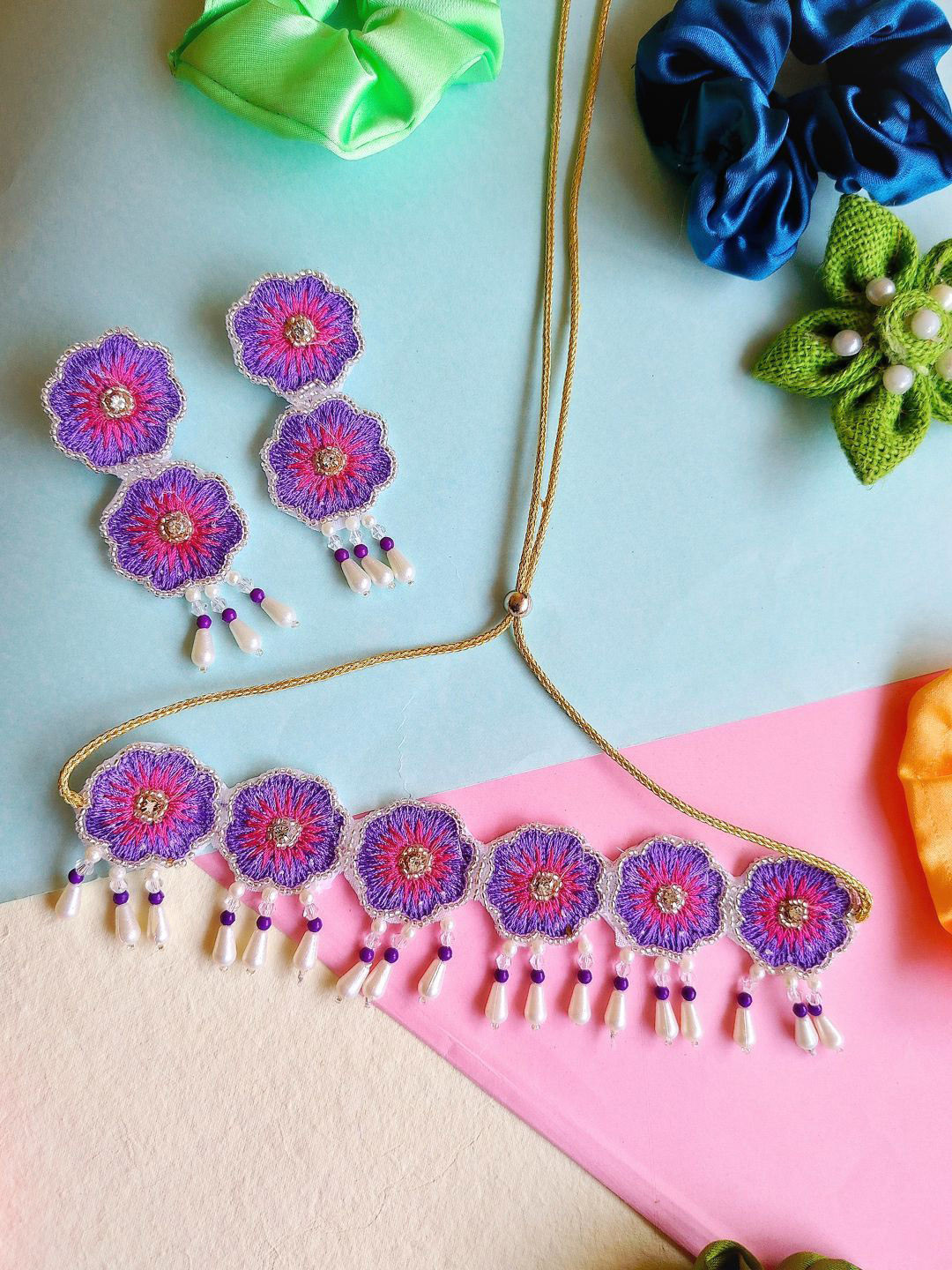 Sangria Purple Gold-Plated Artificial Beaded Floral Boho Bridal Jewellery Set