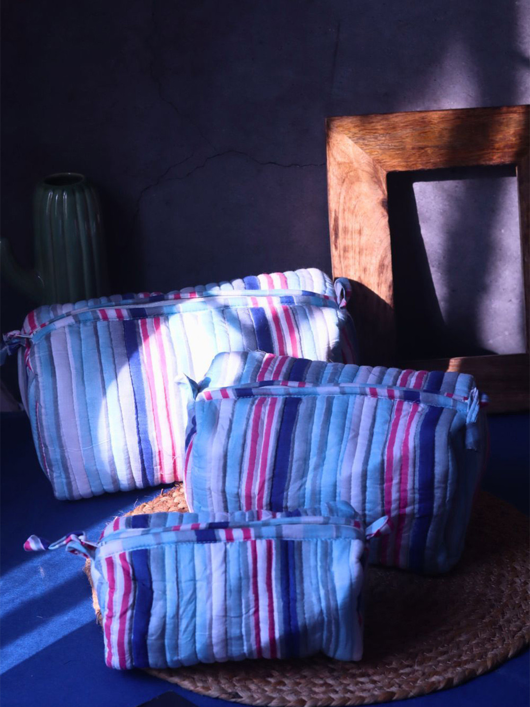 WEAVING HOMES Blue & White Set of 3 Striped Poshte Toiletry Bag