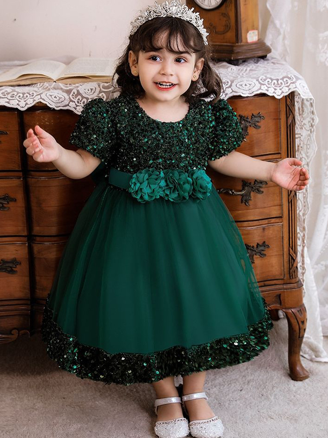 LULU & SKY Girls A-Line Puff Sleeves Midi Party Dress