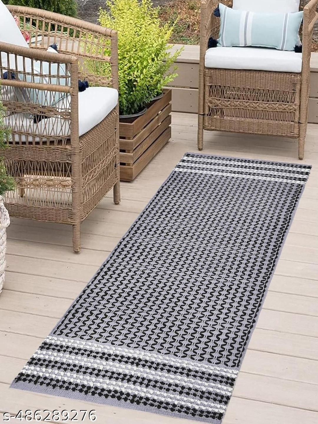 ANA Grey & Black Geometric Embroidery Non-Slip Cotton Floor Runners