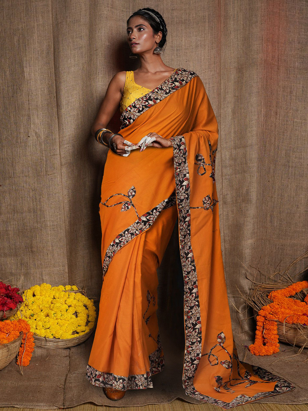 Unnati Silks Floral Pure Cotton Applique Work Handloom Saree