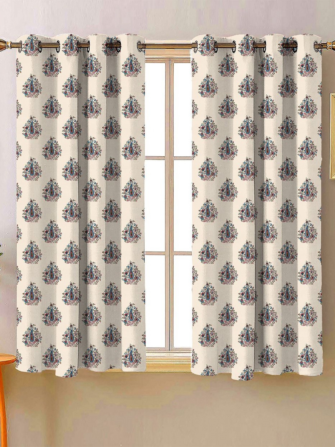 Steve & Anderson Bharat Motifs Off White And Blue 2 Peices Window Curtains (5 Feet)