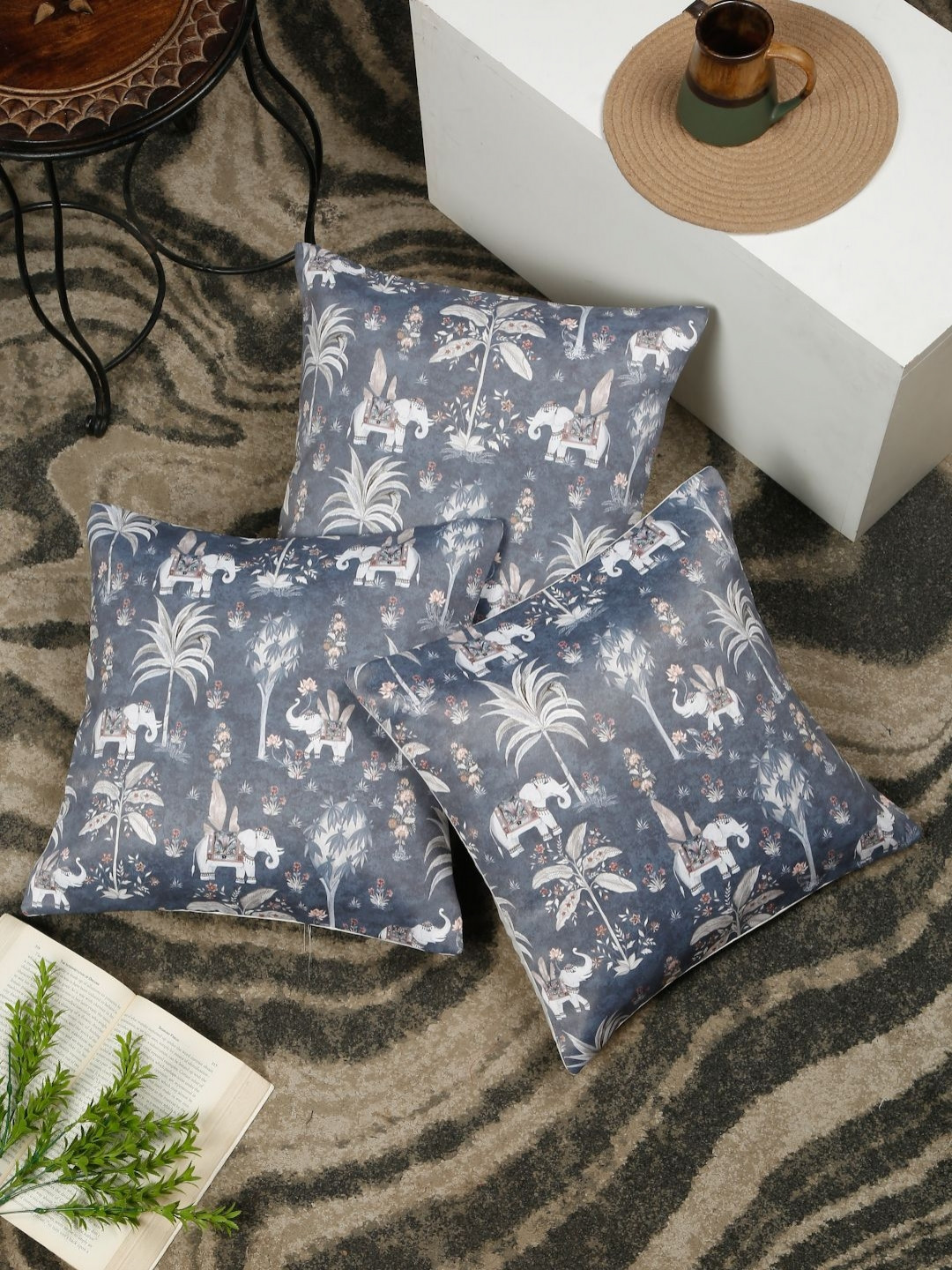 SOKNACK Grey And White 3 Pieces Ethnic Motifs Velvet Square Cushion Covers