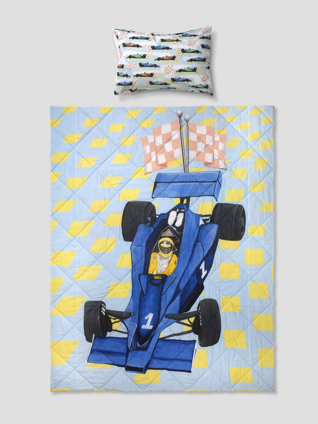 THE BABY TRUNK 2Pcs Blue Printed 210 GSM Egyptian Cotton AC Room Reversible Quilt & Pillow