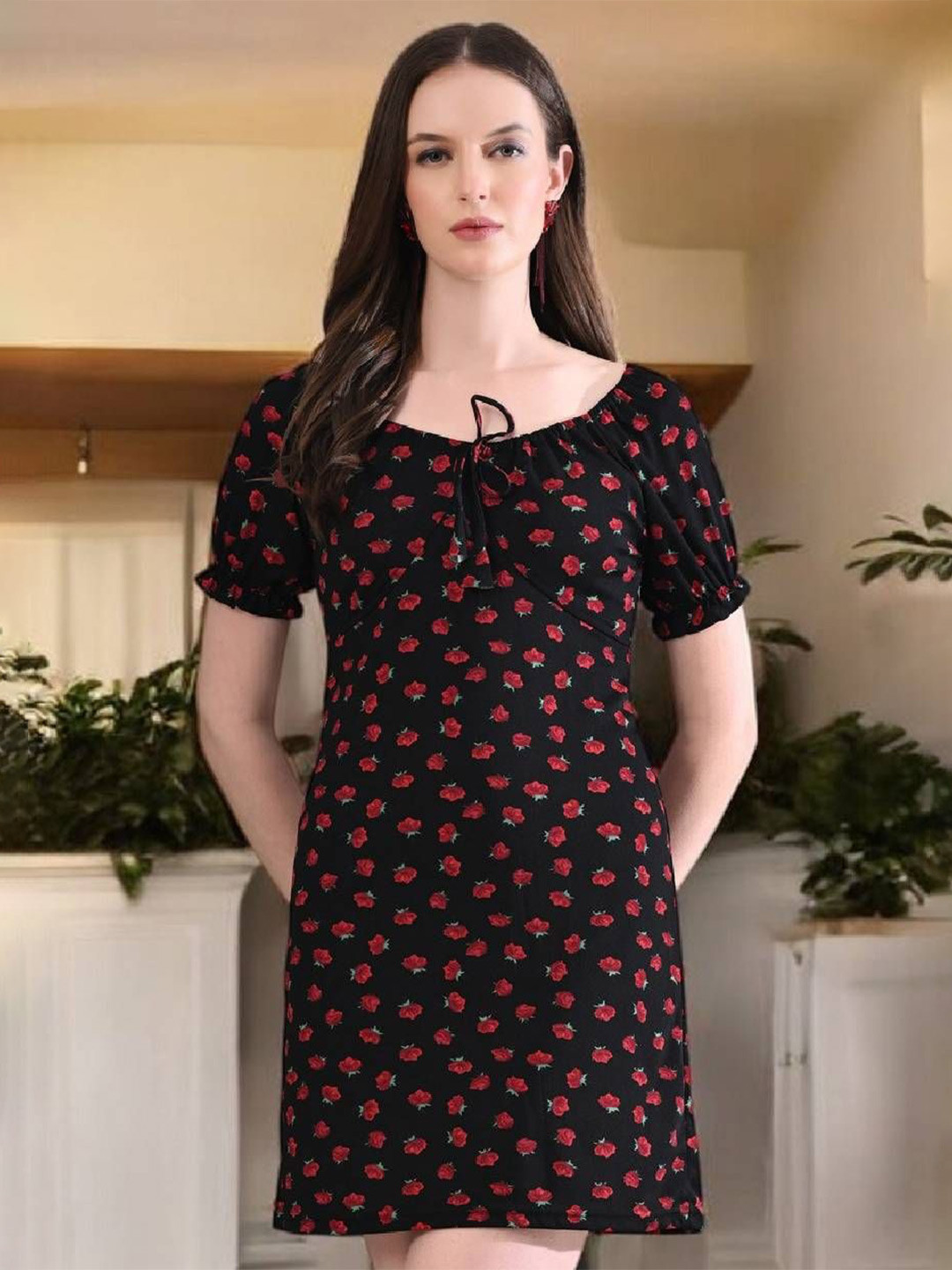 ZEUGEN Floral Print Puff Sleeve Sheath Mini Dress