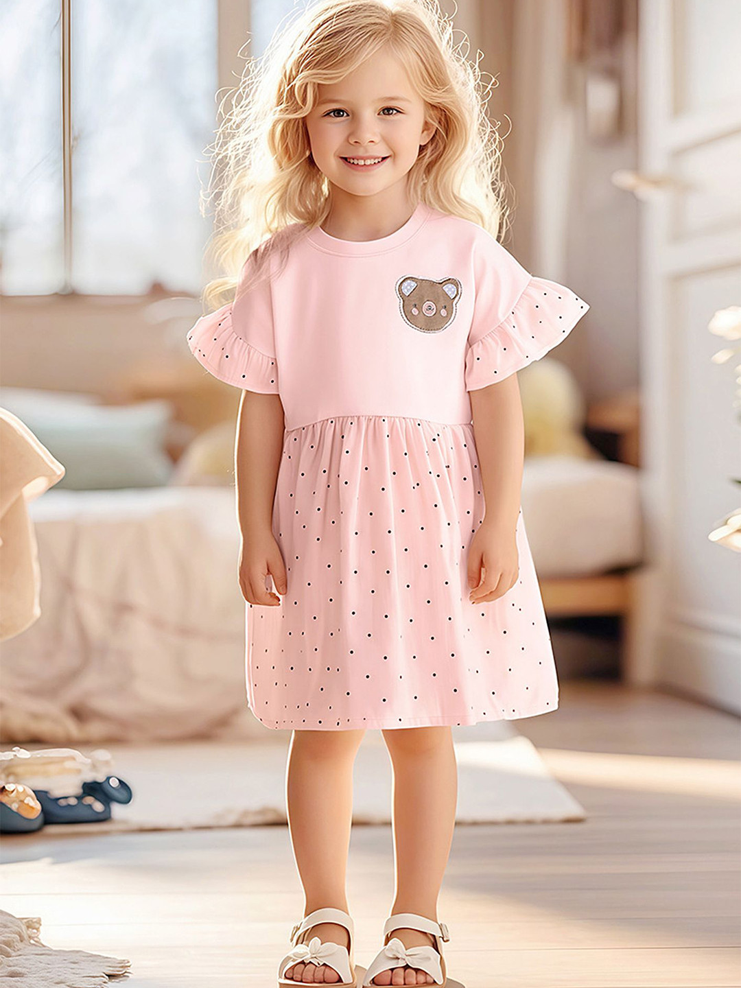 LULU & SKY Girls Pin Dot Printed Bell Sleeve Applique Deail Pure Cotton Fit & Flare Dress