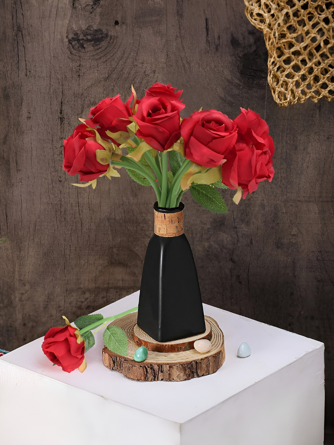 LITVERSE Red And Green 10 Pieces Rose Artificial Flower