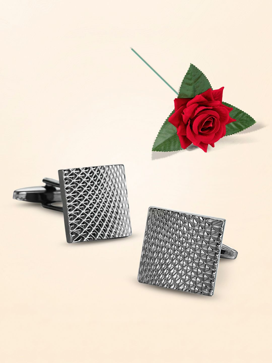 Peora Men Geometric Stainless Steel Silver-Plated Cufflink Set With Red Rose