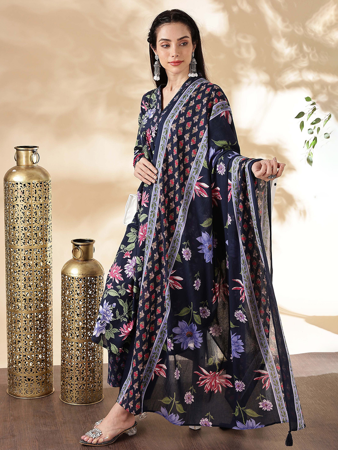 Anouk Navy Blue Floral Printed V-Neck Pure Cotton Anarkali Kurta With Trouser And Dupatta