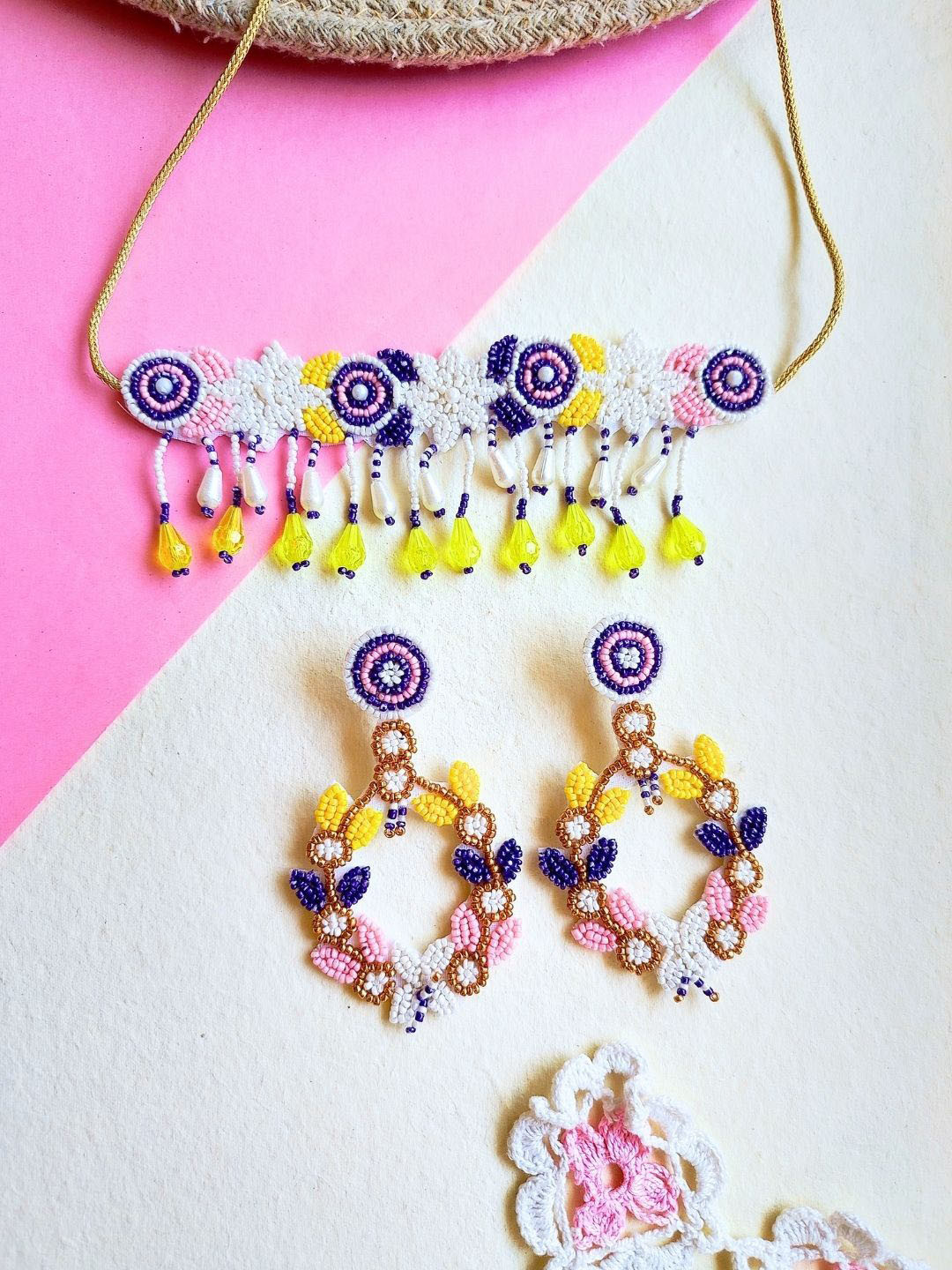 Sangria Purple Gold-Plated Artificial Beaded Floral Boho Bridal Tasseled Jewellery Set