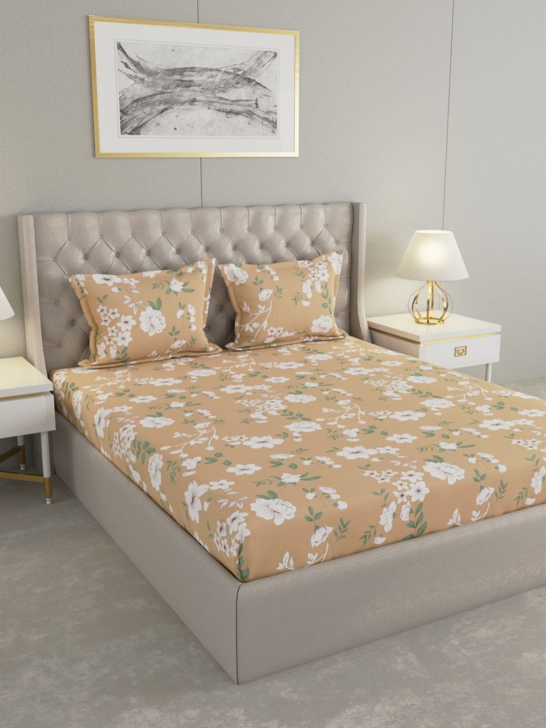 Raymond Home Insignia Mustard Yellow Printed Microfiber Queen Bedsheet Set 2.50 m x 2.25 m