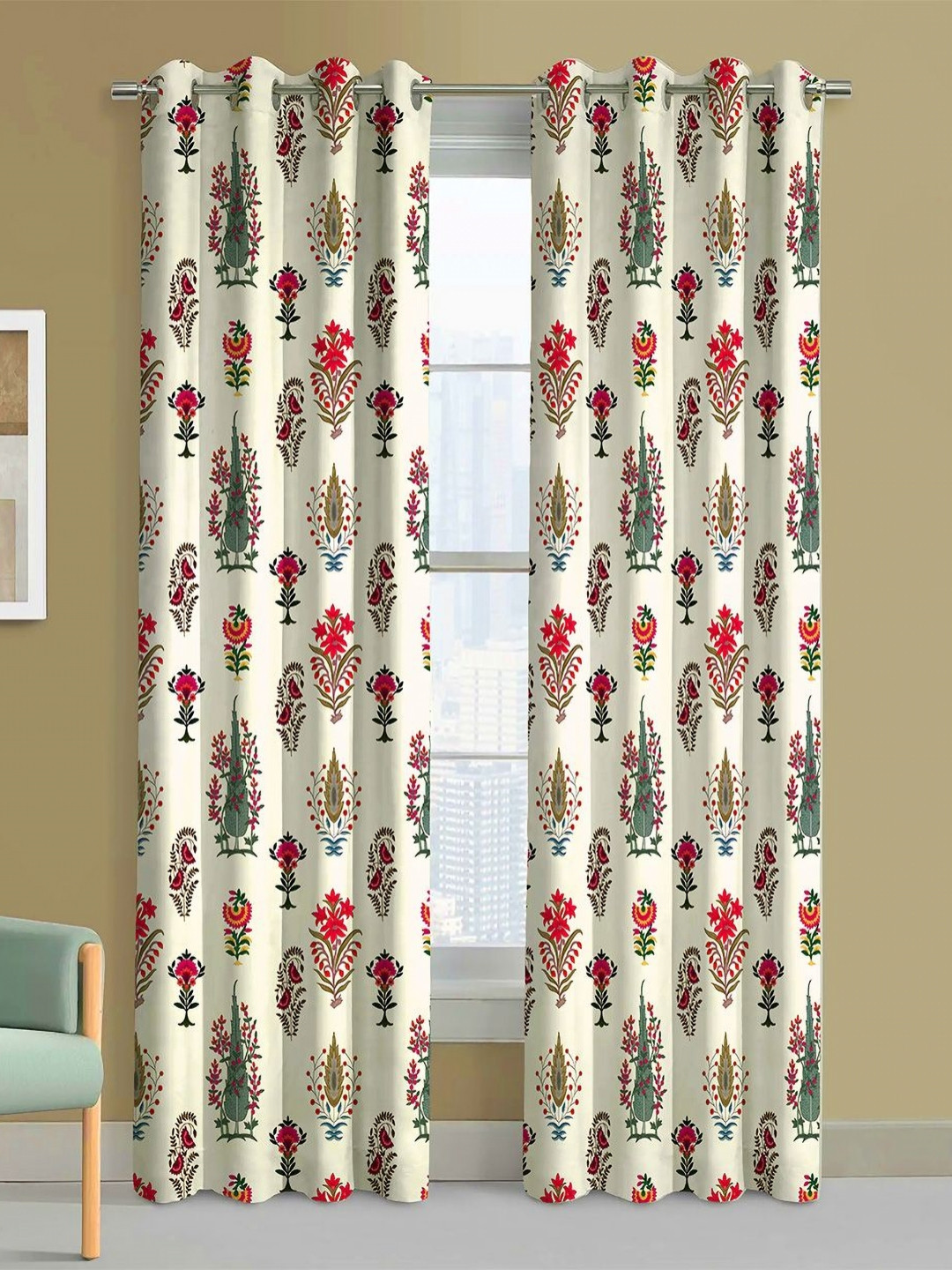 Steve & Anderson Indian Motifs White And Red 2 Peices Black Out Door Curtains (7 Feet)