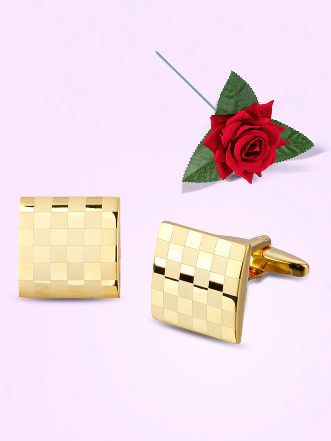Peora Textured Geometric Cufflink With Red Rose