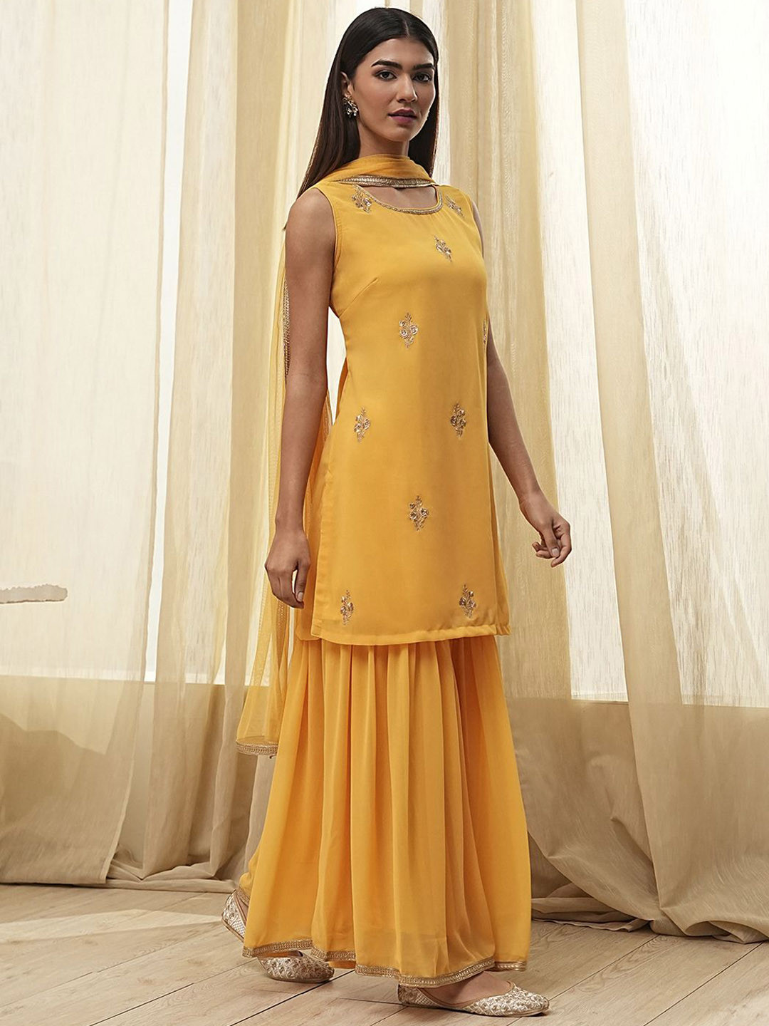 Biba Floral Embroidered Round Neck Straight Kurta With Sharara And Dupatta