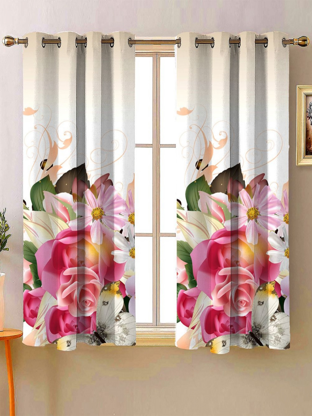 Steve & Anderson Aura White & Olive Green 2 Pieces Floral Printed Window Curtains (5 Feet)