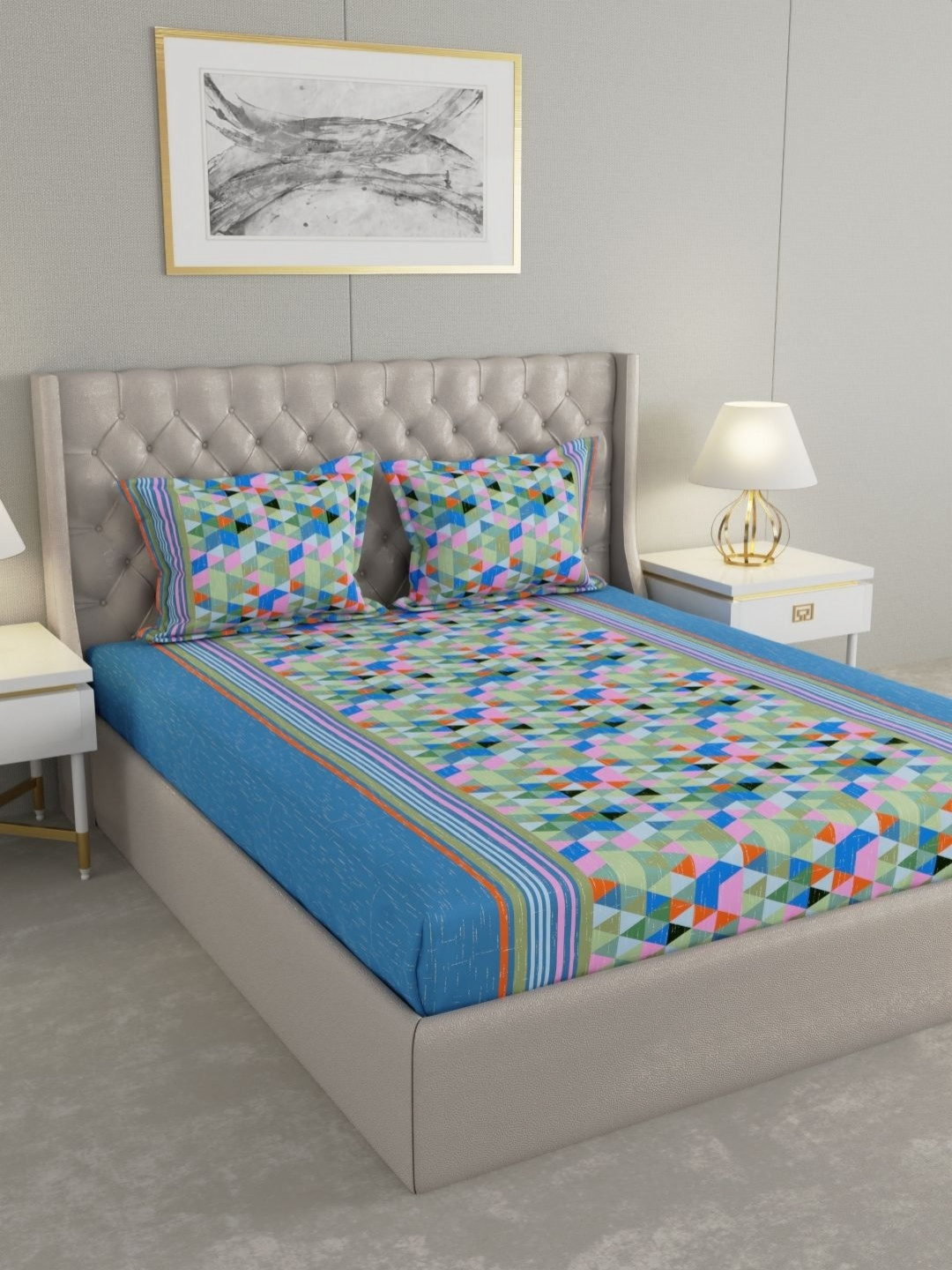 Raymond Home Hazel Blue Geometric Microfiber Queen Fine Bedsheet with 2 Pillow Covers-98 x 89 inches