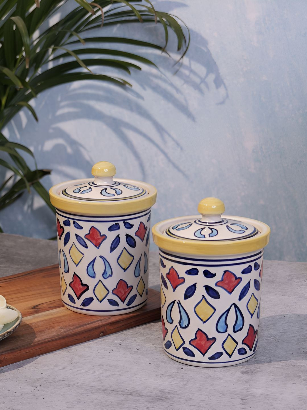 Myntra Elegant Homes Yellow & White 2 Pieces Printed Ceramic Containers 750ml