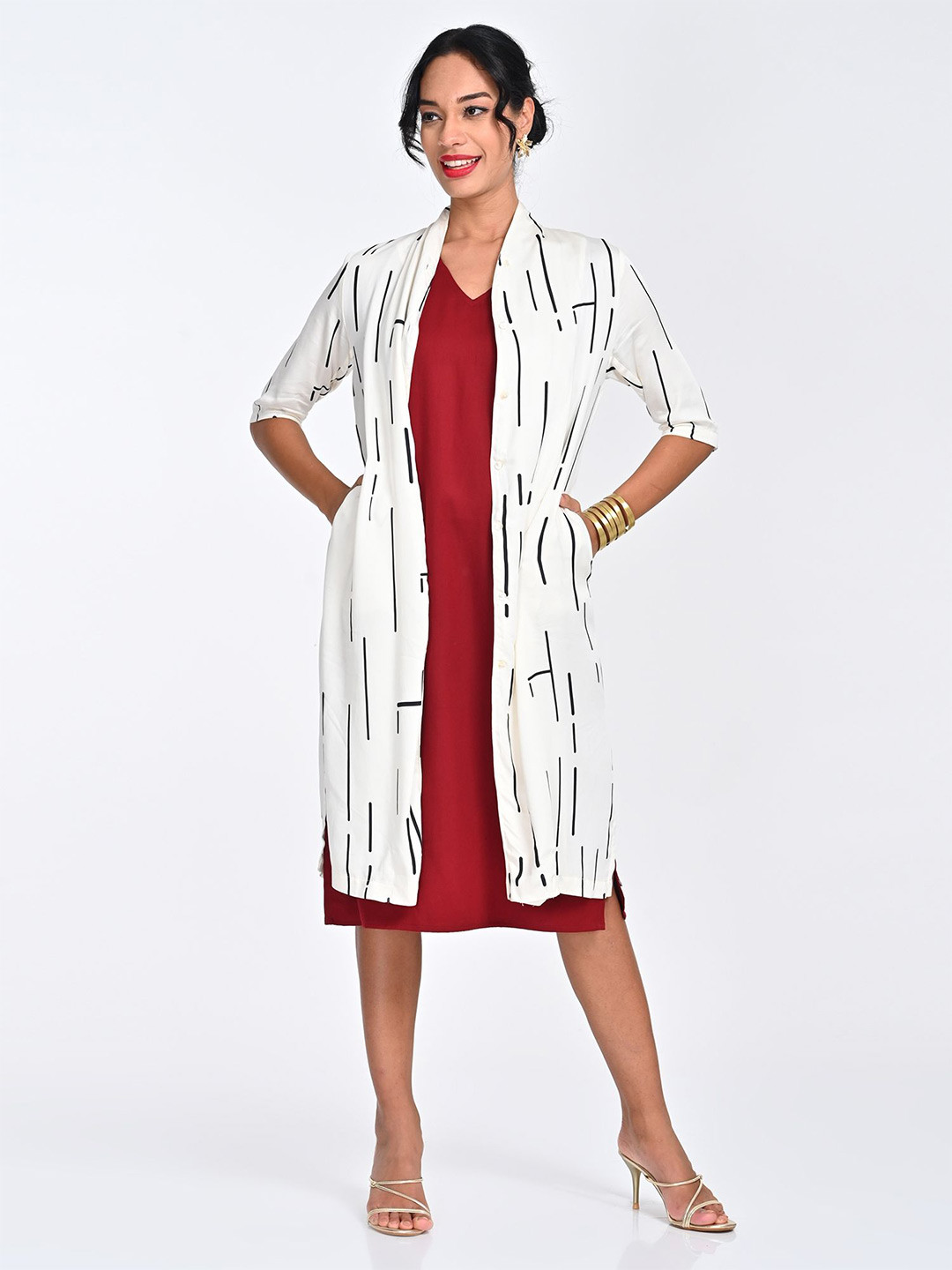 Saltpetre Women Printed Long Shirt Jacket with V-neck Midi Dress Co-ord Set