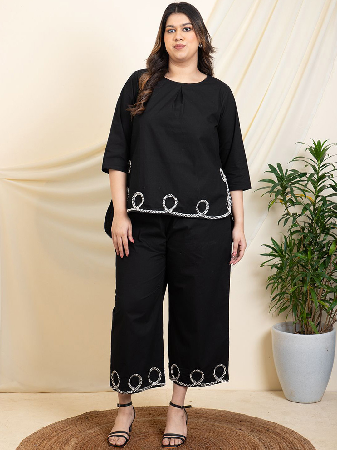 DEEBACO Plus Size Embroidered Boat Neck High Low Pure Cotton Tunic With Trouser