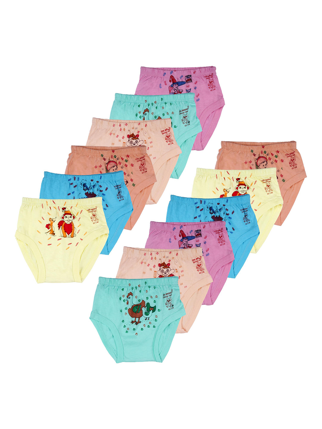 Kids Basket Girls Pack Of 12 Printed High Rise Briefs - M-GY-KBFROOTY-JAT-12PC