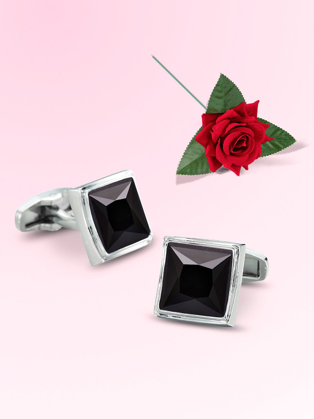 Peora  Men Silver Plated Black Crystal Cufflinks With Red Rose