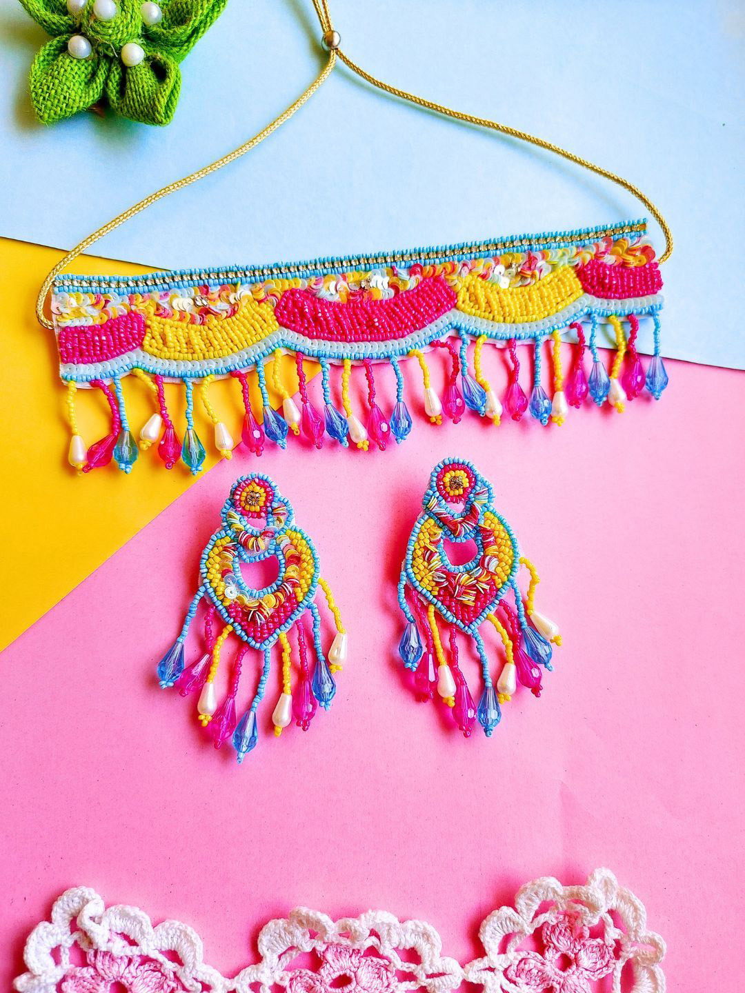 Sangria Pink Gold-Plated Artificial Beaded Boho Bridal Jewellery Set