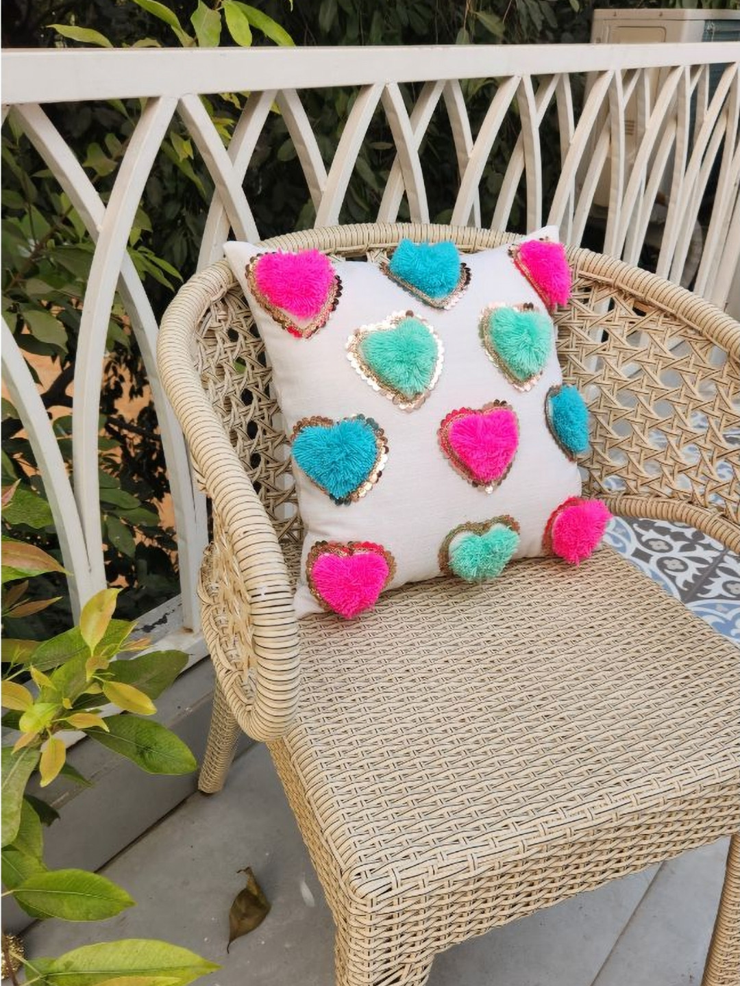 THROWPILLOW Beige & Pink Embroidered Heart Shaped Pom Pom Linen Square Cushion Cover