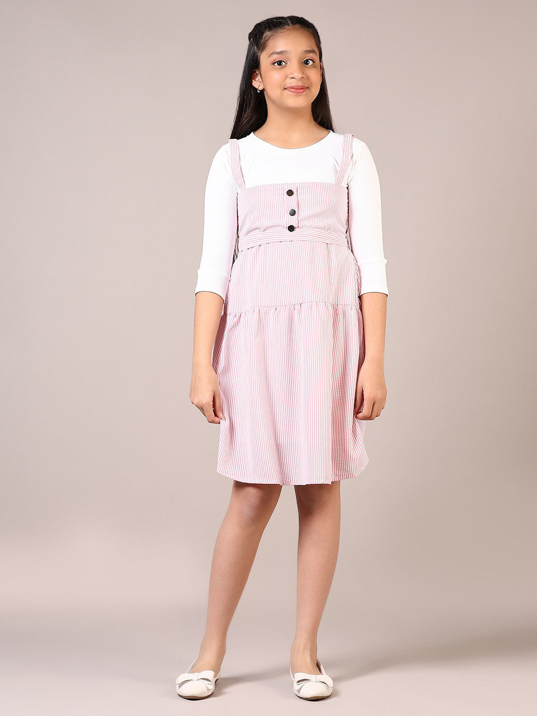 V-Mart Girl Striped Round Neck Three-Quarter Sleeves Pinafore Dress