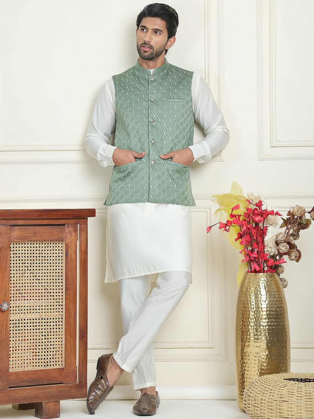 Anouk White Band Collar Straight Kurta With Pyjamas & Nehru Jacket