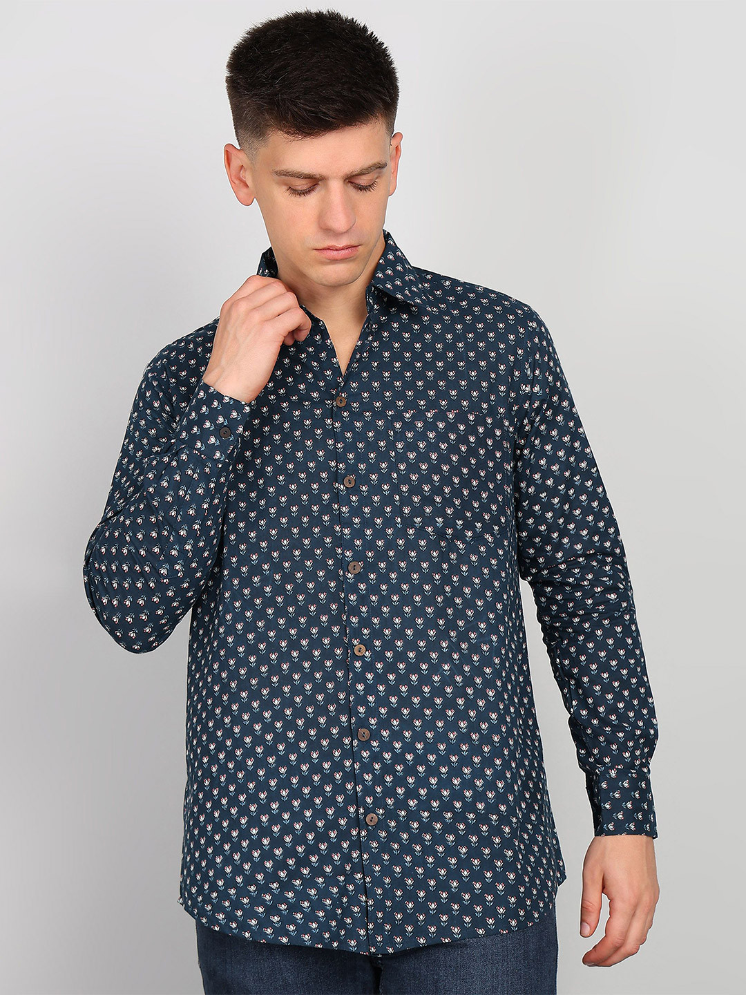 Label Ceres Men Premium Fit Spread Collar Floral Printed Cotton Casual Shirt