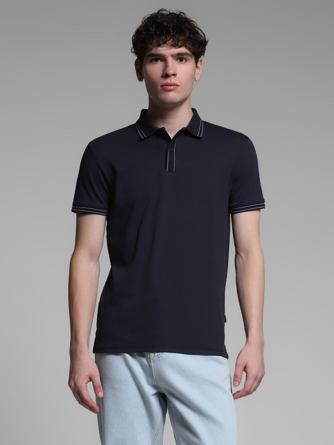 Jack & Jones Men Outer Space Solid Polo Collar Cotton T-shirt