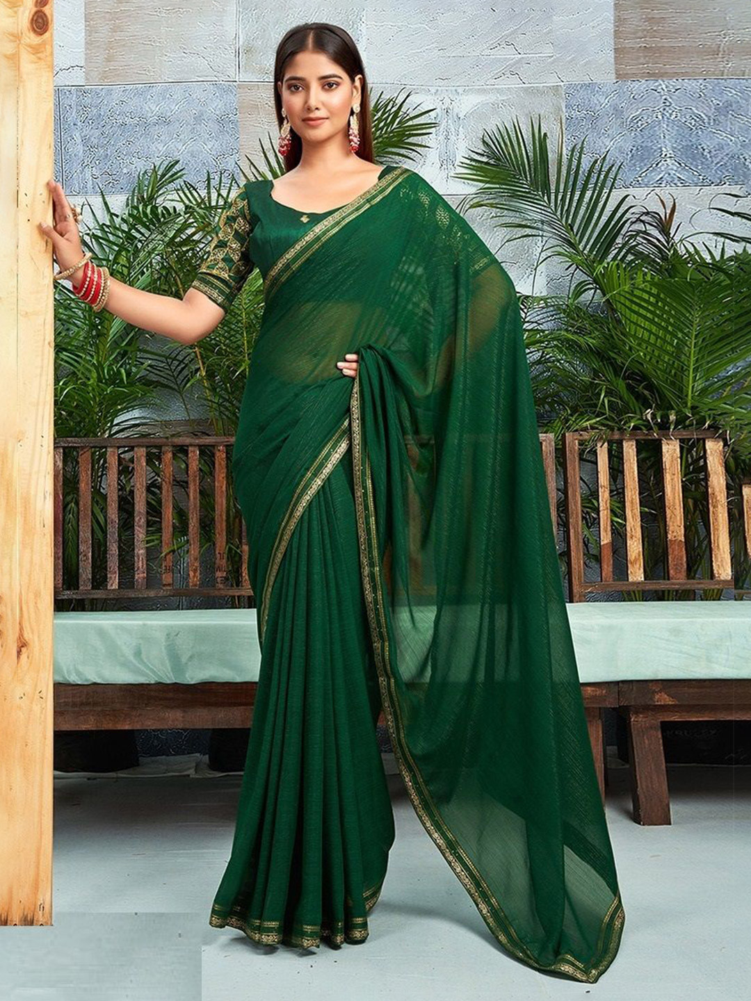Styleveda Women Poly Georgette Solid Border Designer Chanderi Saree
