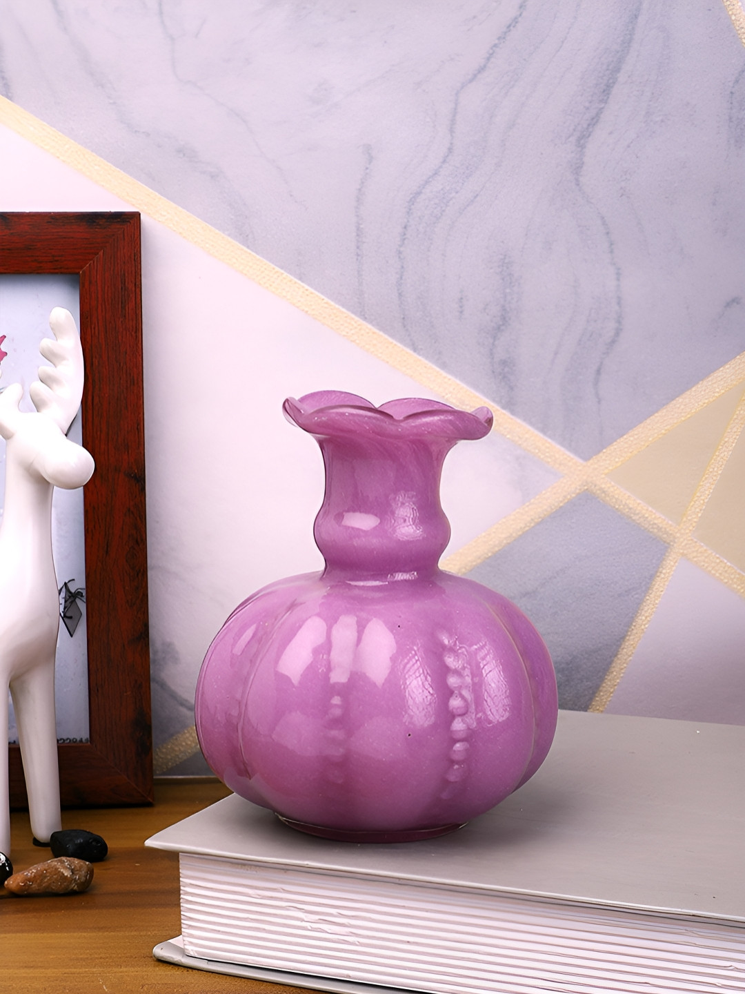 Myntra Elegant Homes Ruffled Purple Textured Glass Flower Vase