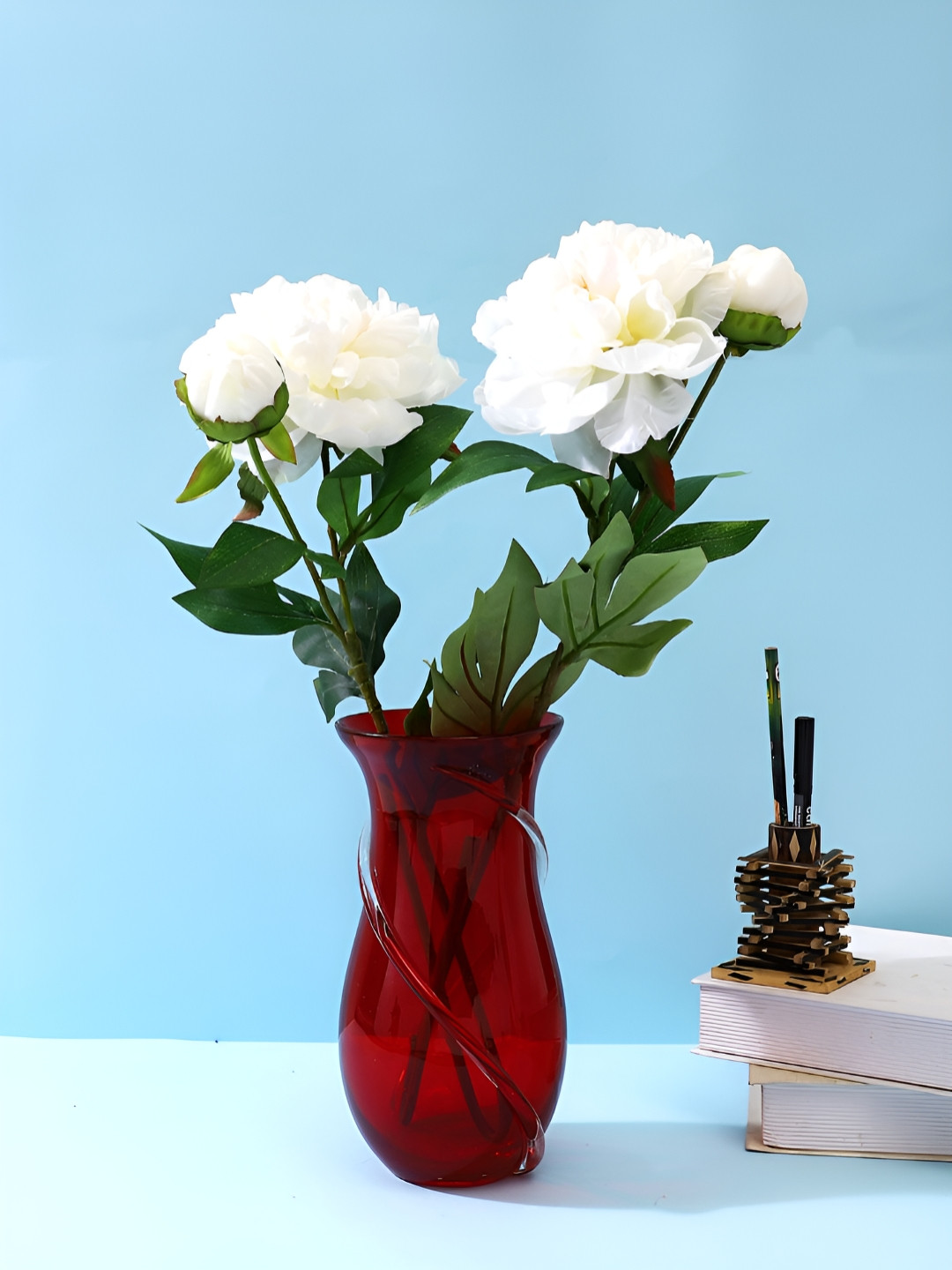 TAYHAA Red Textured Glass Flower Vase