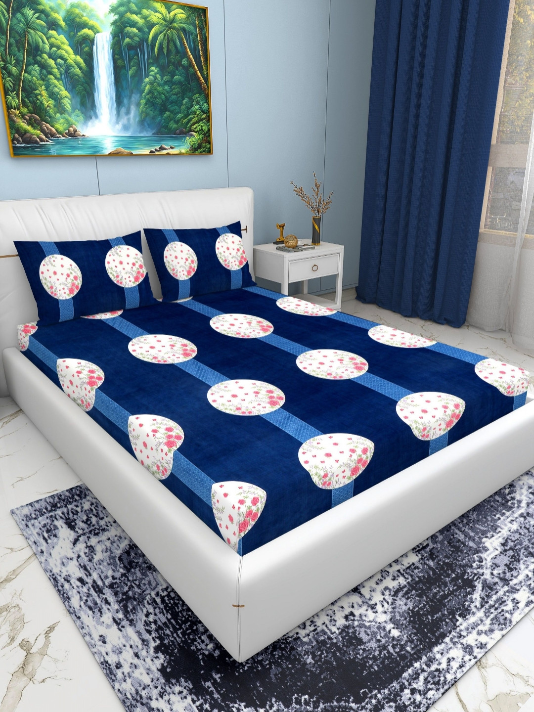 EXFAB Pink Floral Cotton 244 TC Fitted King Fine Bedsheet with 2 Pillow Covers-74 x 46 inches