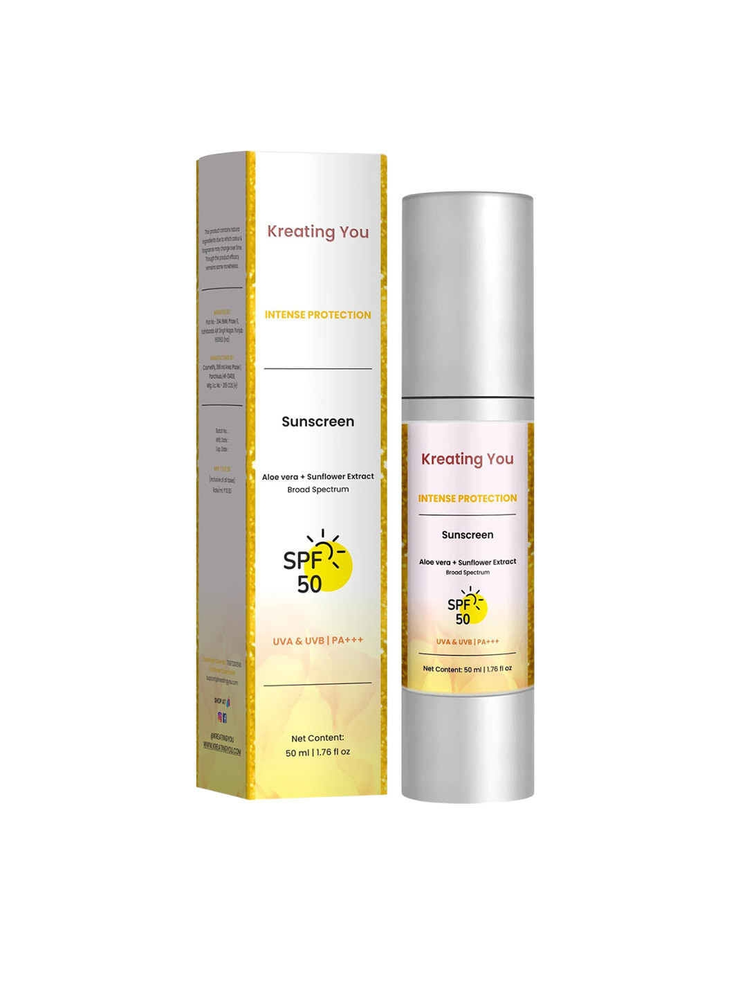 Kreating You Broad Spectrum Sunscreen With Aloe Vera Extract SPF 50 PA +++- 50 ml