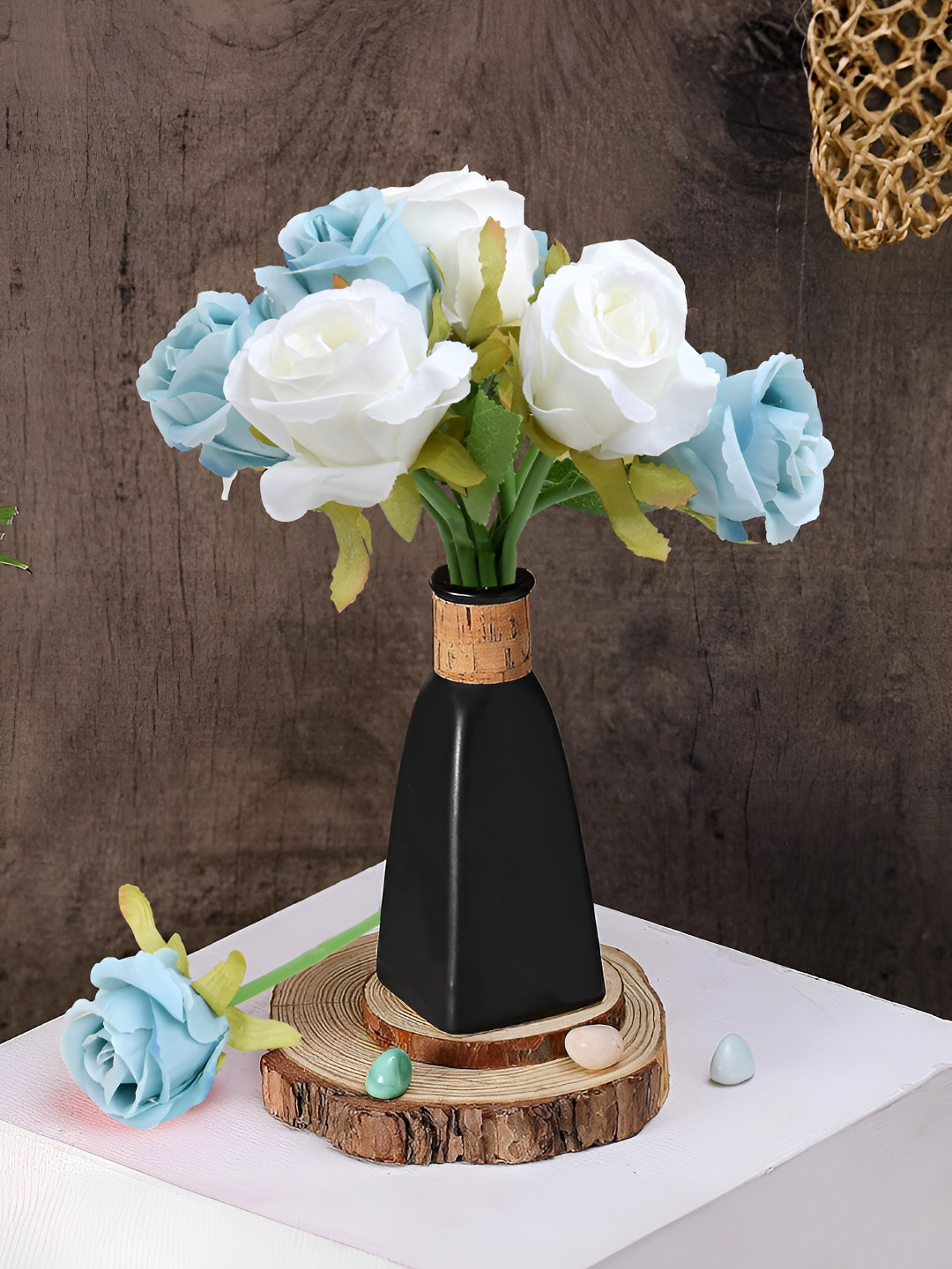 LITVERSE Blue And White 10 Pieces Rose Artificial Flower